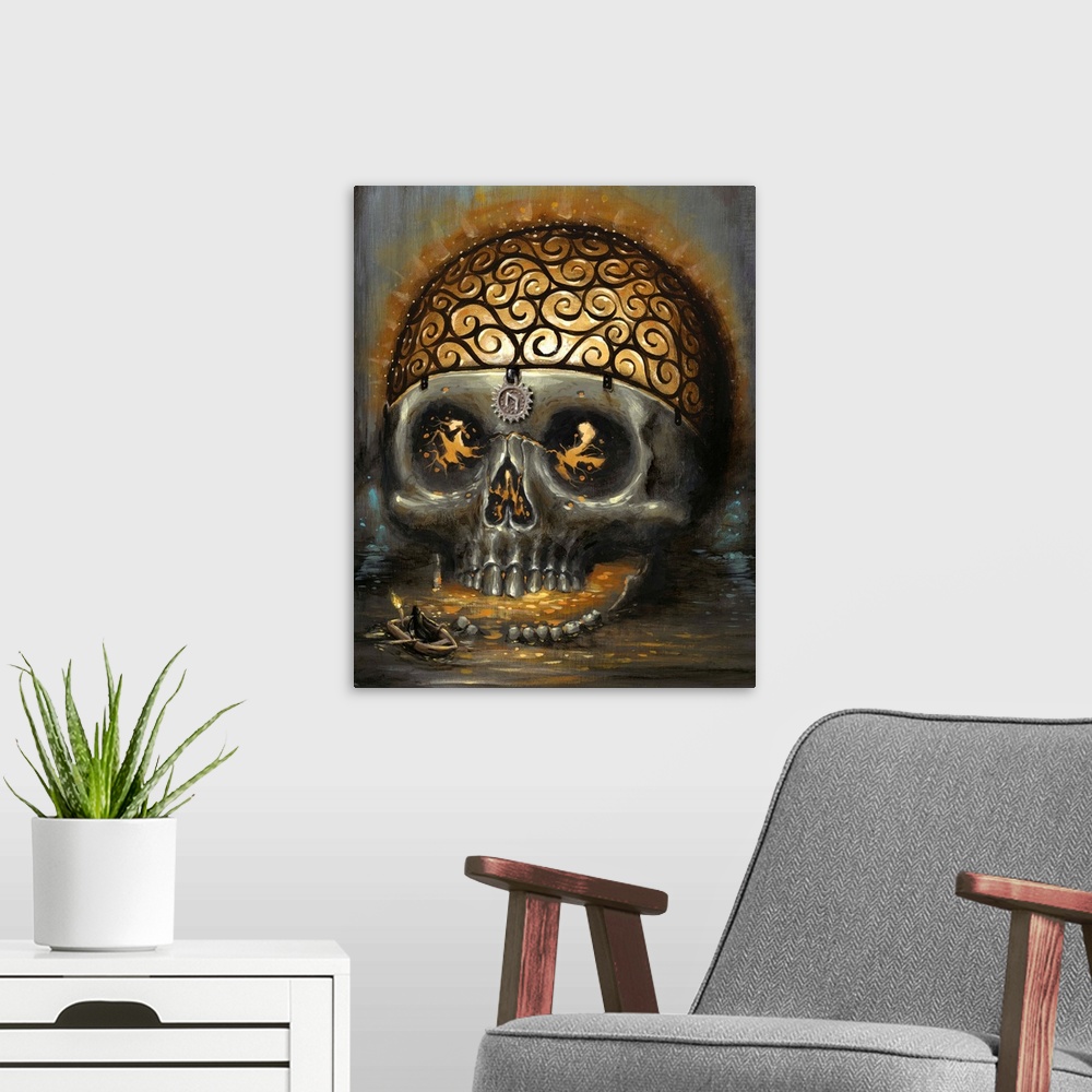 A modern room featuring Surrealist painting of a human skull with the top half of the skull a wire cage frame with light ...