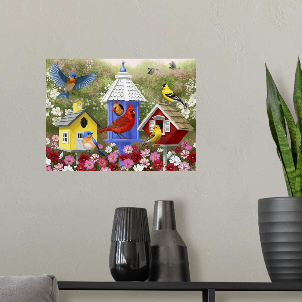 A modern room featuring Several songbirds including cardinals, bluebirds, and goldfinches visiting birdhouses.
