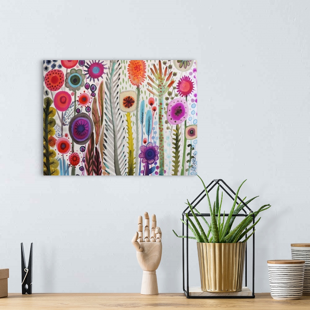 A bohemian room featuring Contemporary watercolor painting of colorful flowers against a white background.