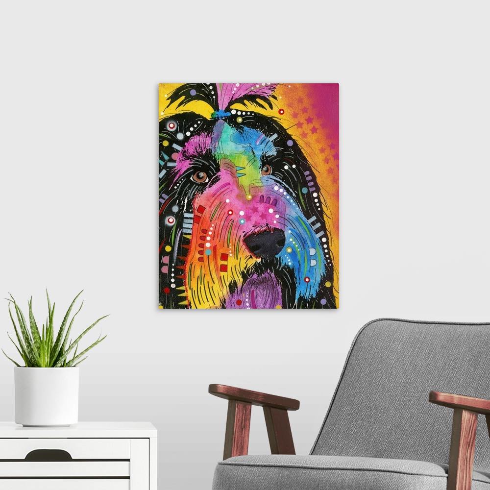 A modern room featuring Colorful painting of a Havanese with abstract markings on a pink and yellow background with a sta...