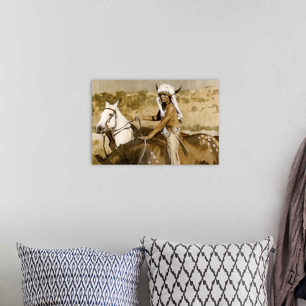 A bohemian room featuring Contemporary western theme painting of a native american on horseback.