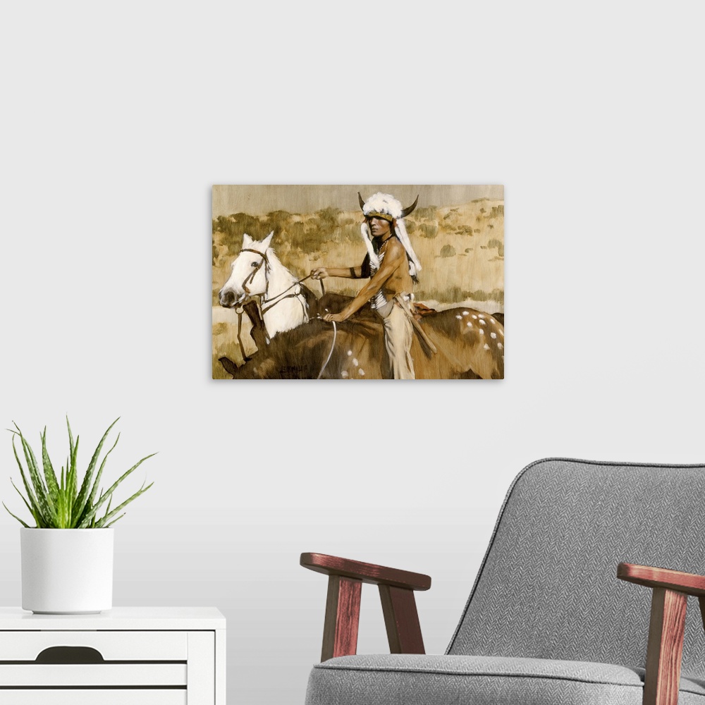 A modern room featuring Contemporary western theme painting of a native american on horseback.