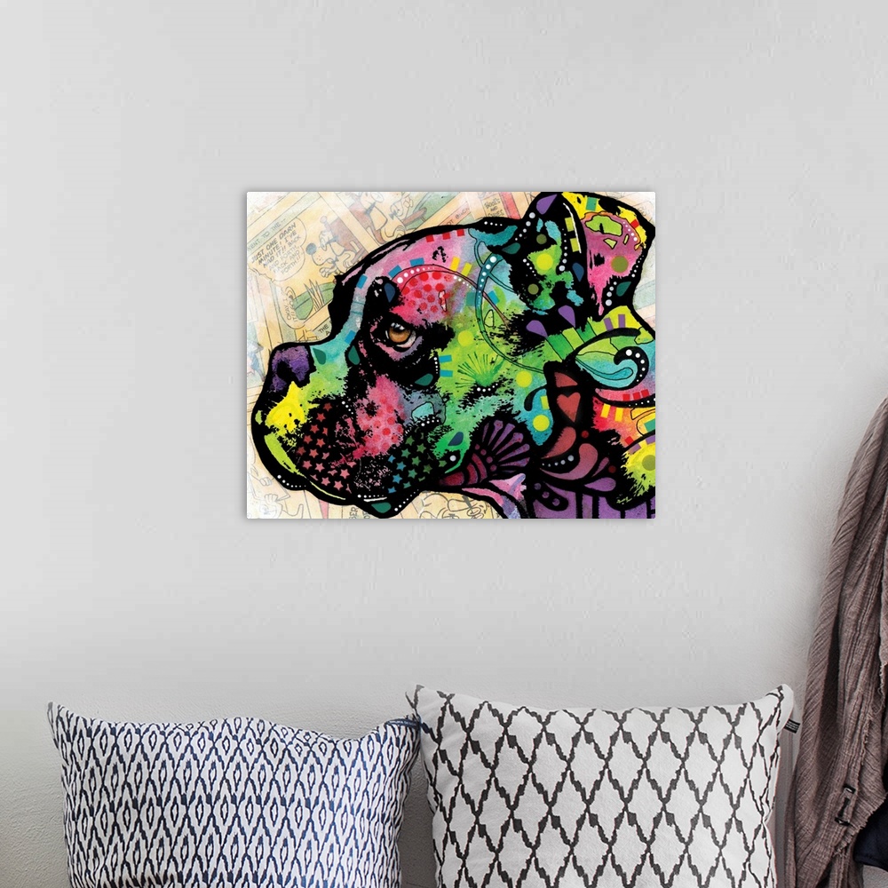 A bohemian room featuring Contemporary painting of a boxer's profile full of color and designs with torn comic strips on th...