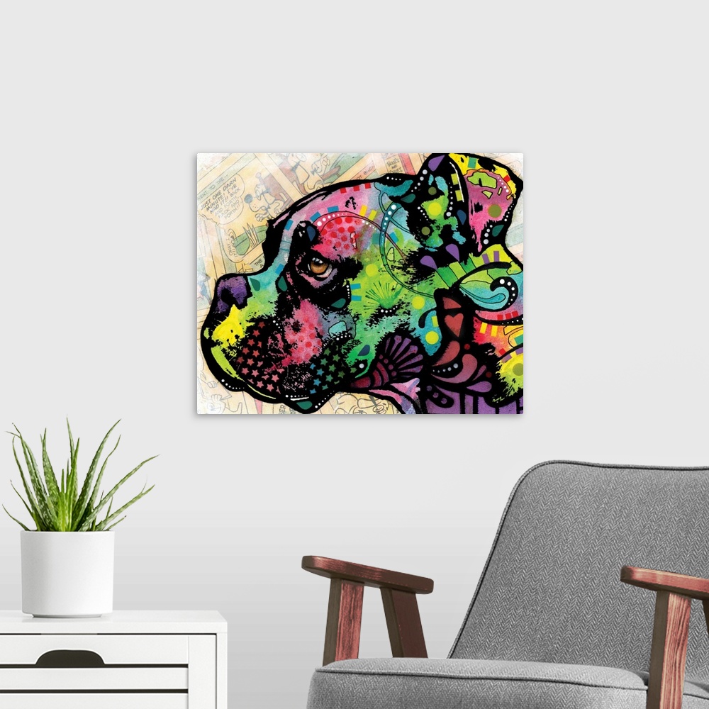 A modern room featuring Contemporary painting of a boxer's profile full of color and designs with torn comic strips on th...