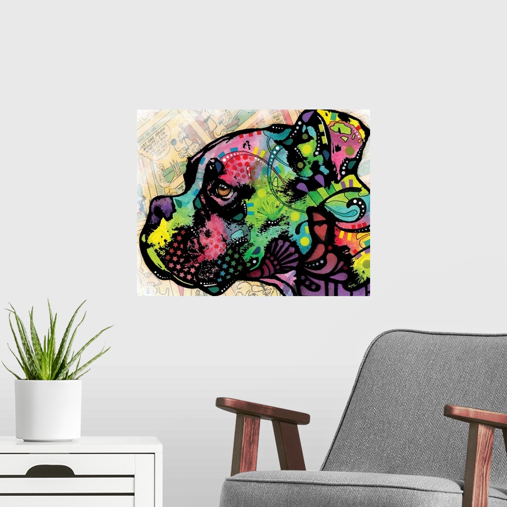 A modern room featuring Contemporary painting of a boxer's profile full of color and designs with torn comic strips on th...
