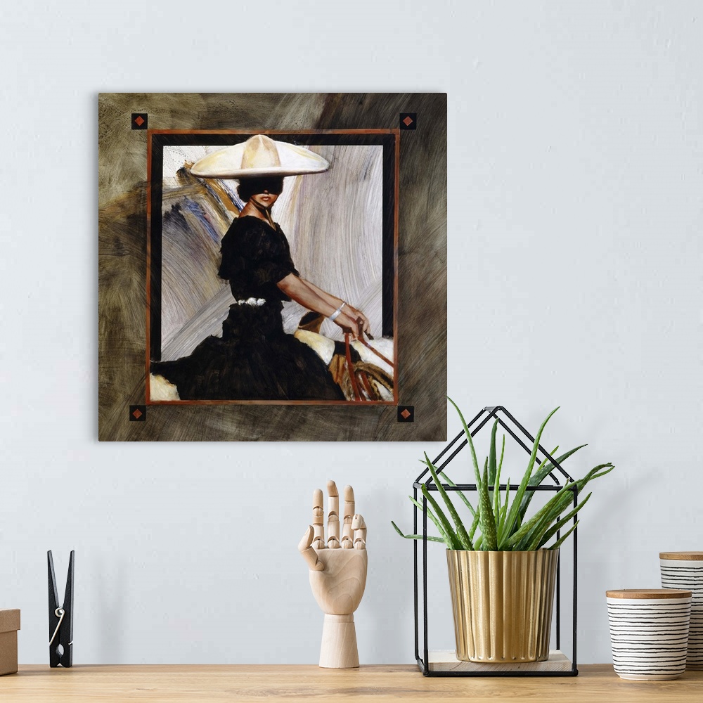 A bohemian room featuring Contemporary western theme painting of a woman in a black dress wearing a large western hat, with...