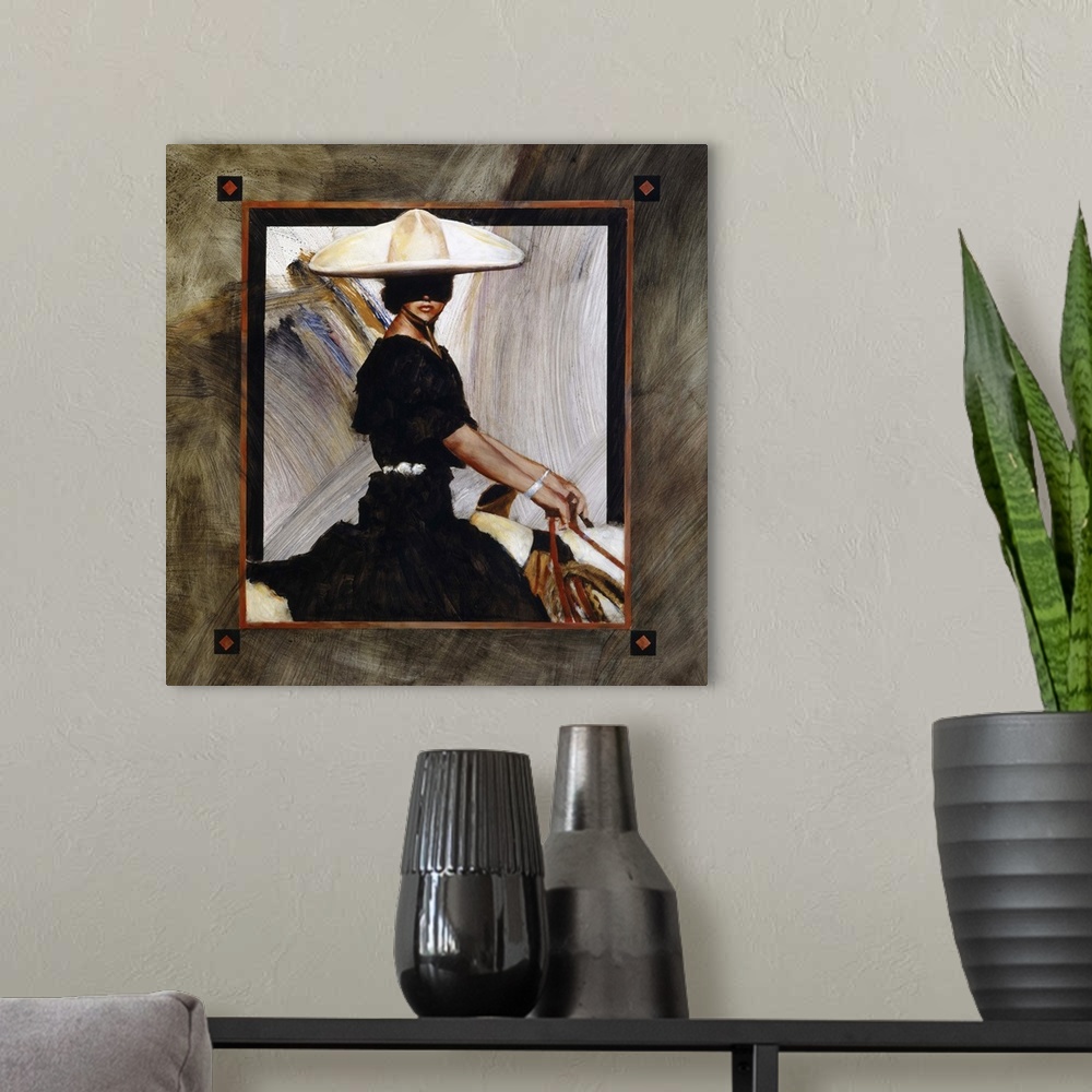 A modern room featuring Contemporary western theme painting of a woman in a black dress wearing a large western hat, with...