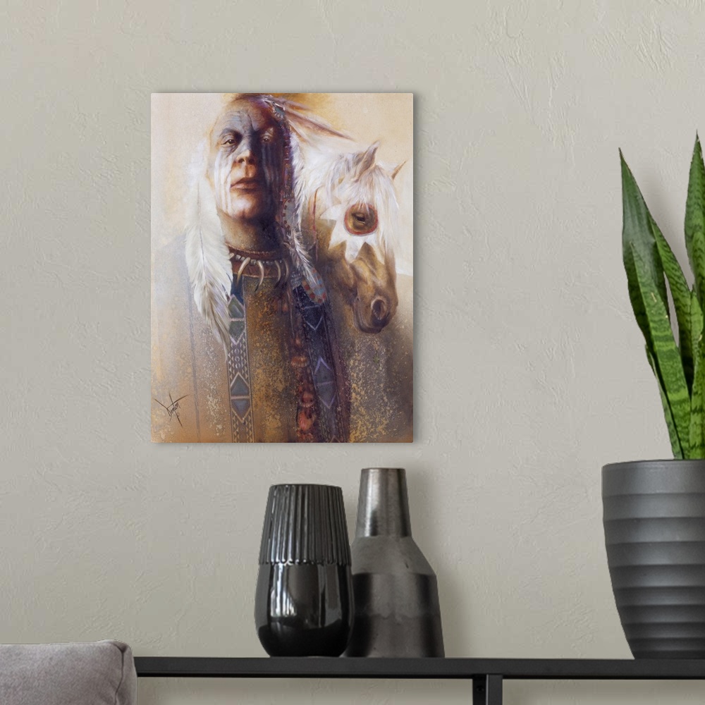 A modern room featuring A contemporary painting of a Native American man with a horse seen behind him.
