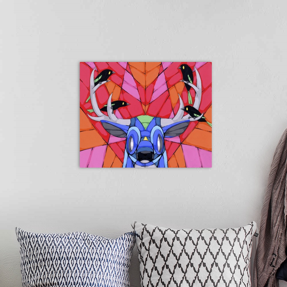 A bohemian room featuring Pop art painting of a deer with four little birds resting on its antlers.