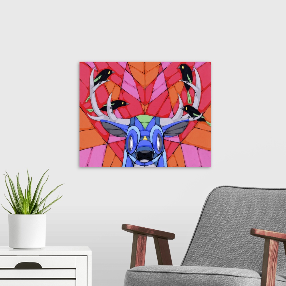 A modern room featuring Pop art painting of a deer with four little birds resting on its antlers.
