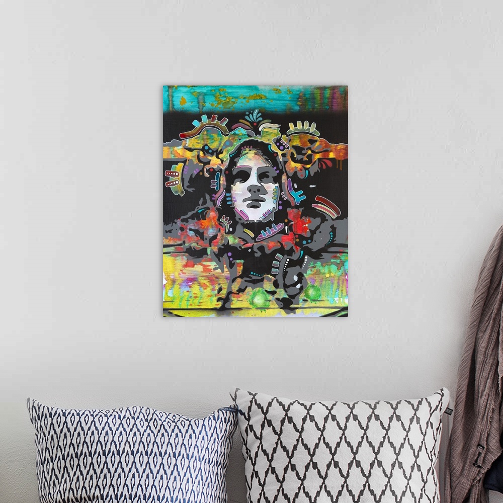 A bohemian room featuring Psychedelic illustration of a face and a colorful background.