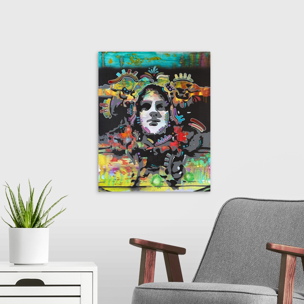 A modern room featuring Psychedelic illustration of a face and a colorful background.
