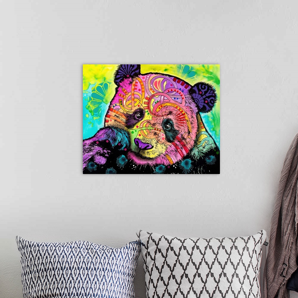 A bohemian room featuring Pop art style painting of a panda bear covered in colorful abstract markings on a blue, yellow, a...