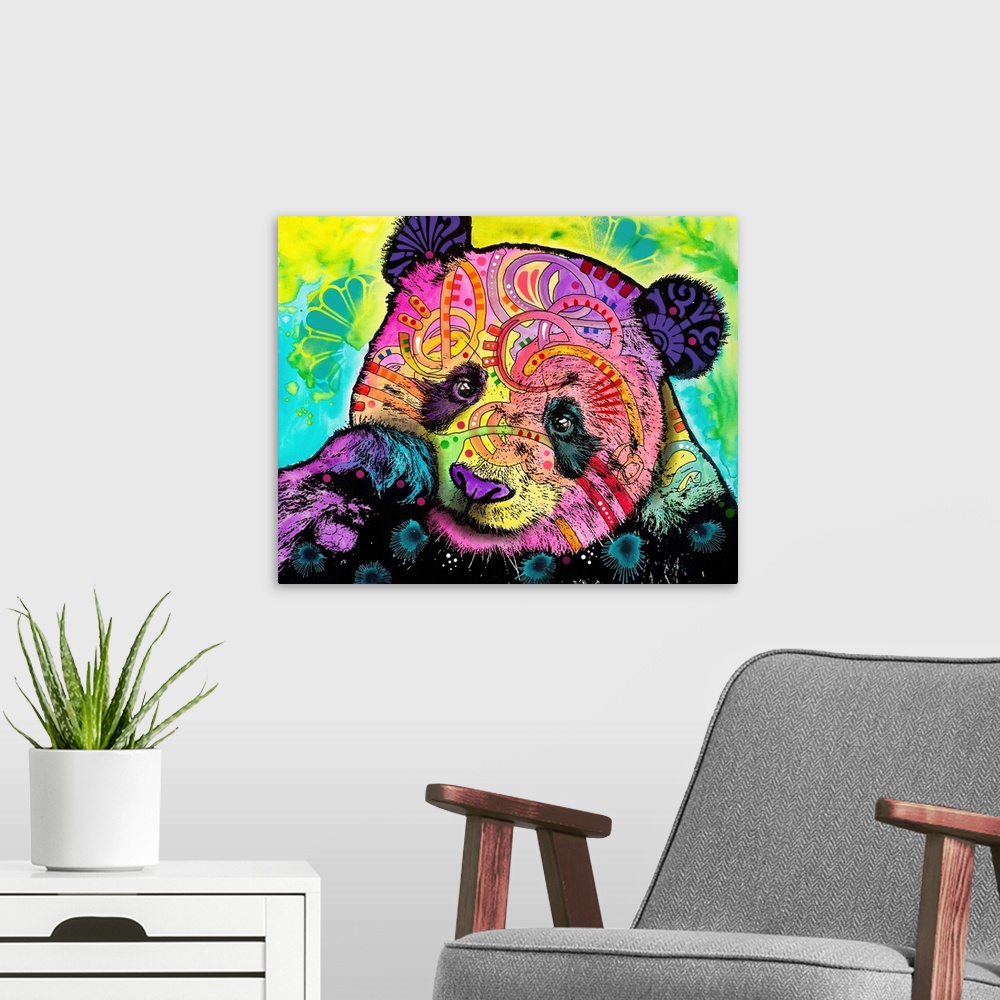 A modern room featuring Pop art style painting of a panda bear covered in colorful abstract markings on a blue, yellow, a...