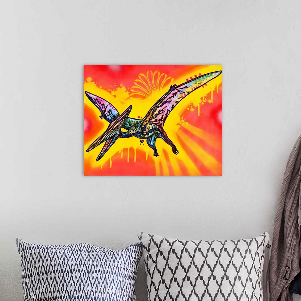 A bohemian room featuring Colorful painting of a Pterodactyl on a bright red and yellow spray painted background