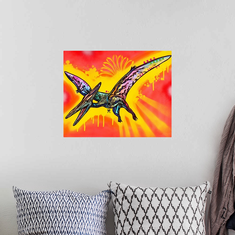 A bohemian room featuring Colorful painting of a Pterodactyl on a bright red and yellow spray painted background