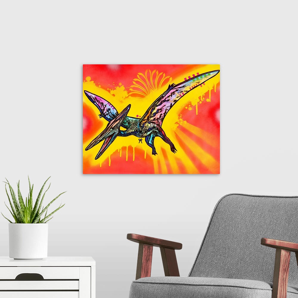 A modern room featuring Colorful painting of a Pterodactyl on a bright red and yellow spray painted background