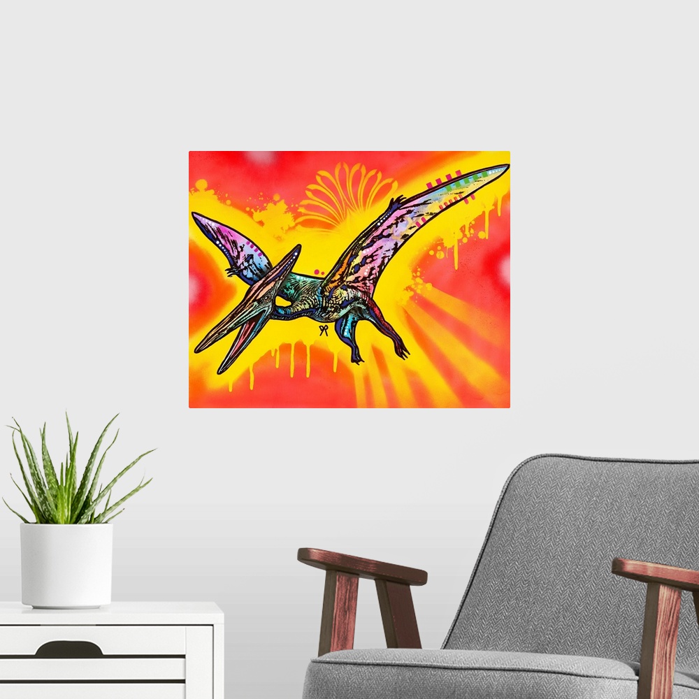 A modern room featuring Colorful painting of a Pterodactyl on a bright red and yellow spray painted background