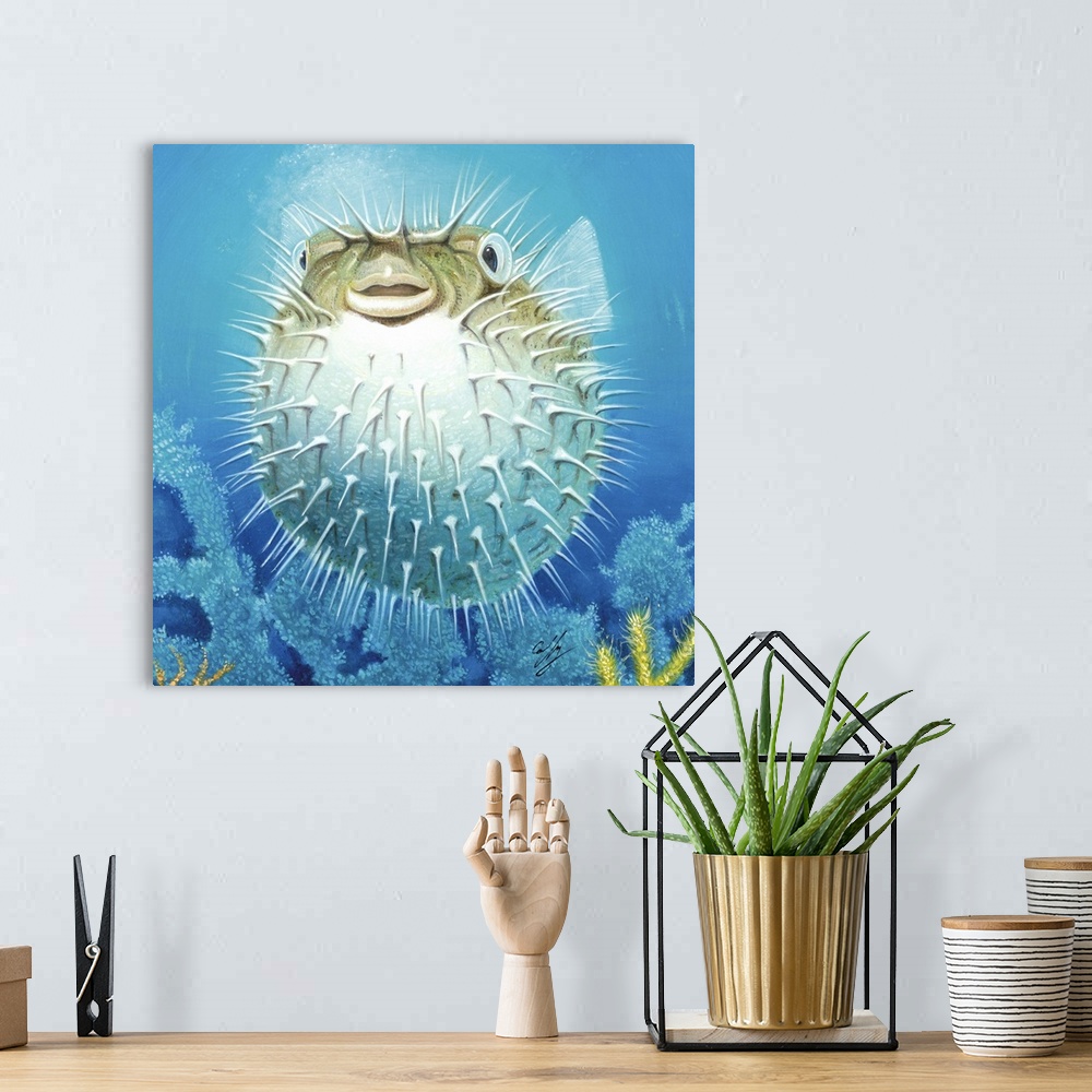A bohemian room featuring Contemporary painting of a tropical fish.