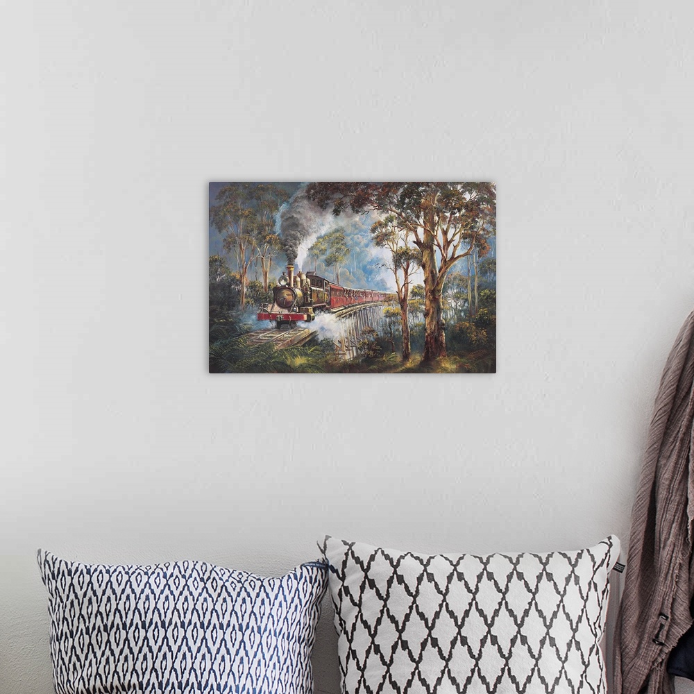 A bohemian room featuring Contemporary painting of a train passing through a countryside landscape.