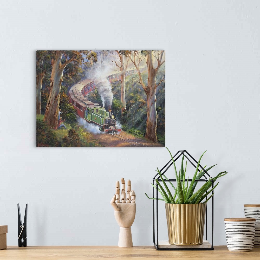 A bohemian room featuring Contemporary painting of a train passing through a countryside landscape.