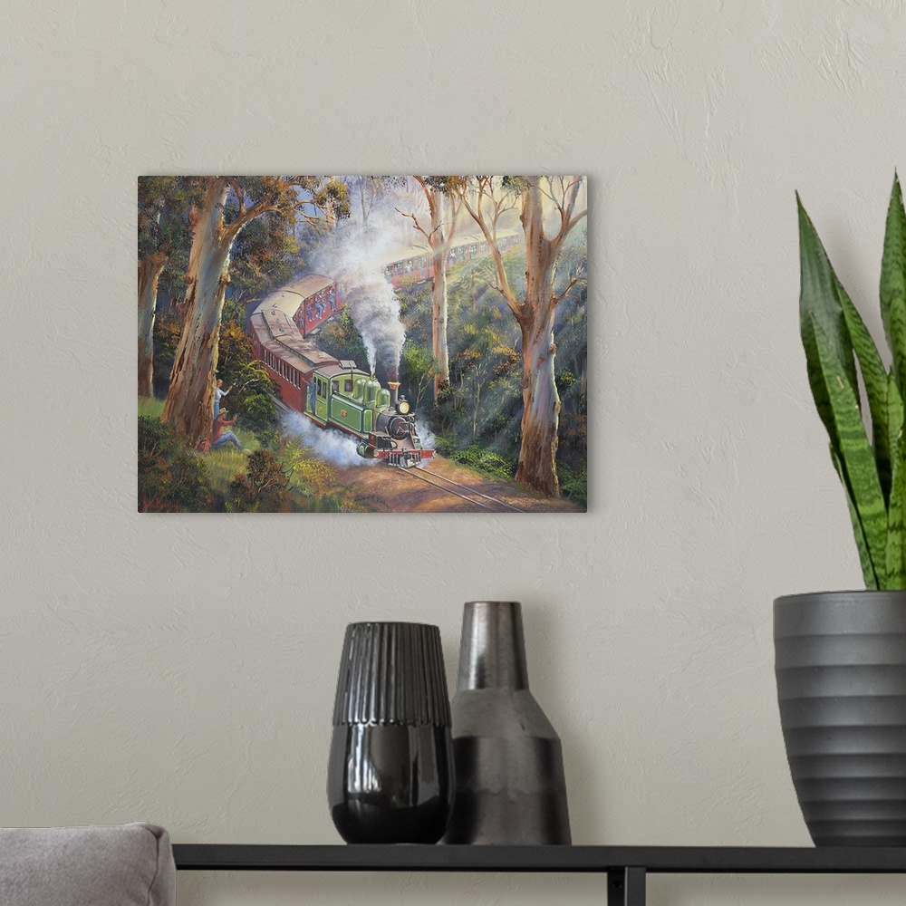 A modern room featuring Contemporary painting of a train passing through a countryside landscape.