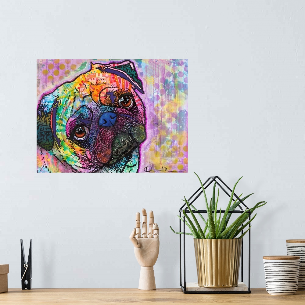 A bohemian room featuring Colorful illustration of a Pug with its head tilted and abstract markings all over.