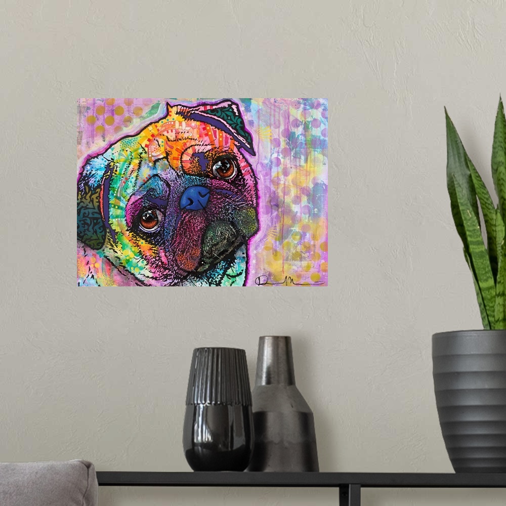 A modern room featuring Colorful illustration of a Pug with its head tilted and abstract markings all over.