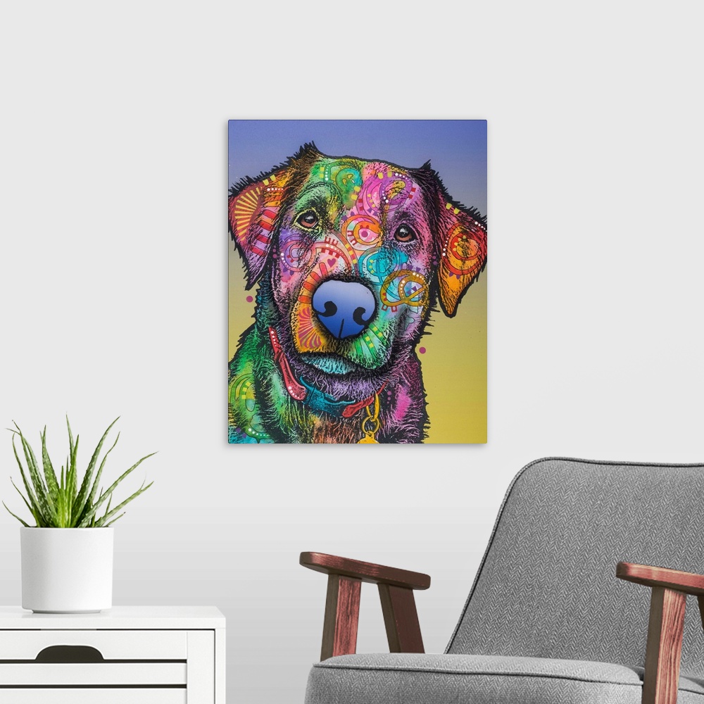 A modern room featuring Pop art style painting of a colorful Labrador with graffiti-like designs on a blue and yellow bac...