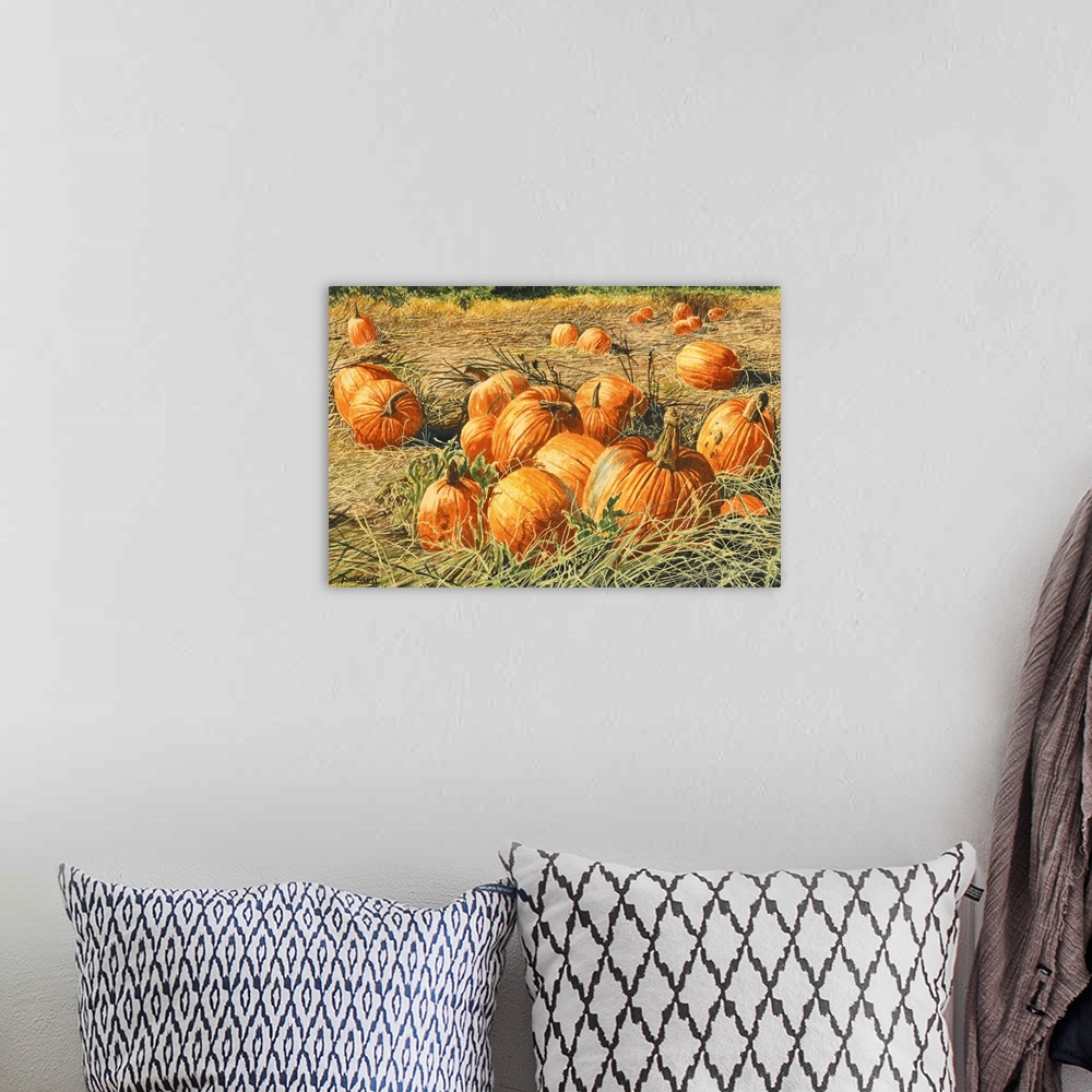 A bohemian room featuring Contemporary colorful painting of an idyllic autumn harvest scene.