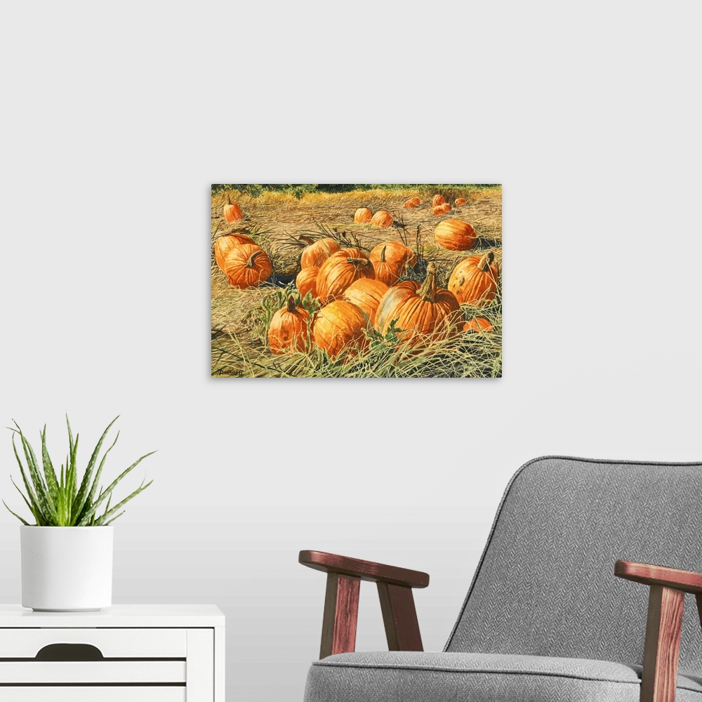 A modern room featuring Contemporary colorful painting of an idyllic autumn harvest scene.