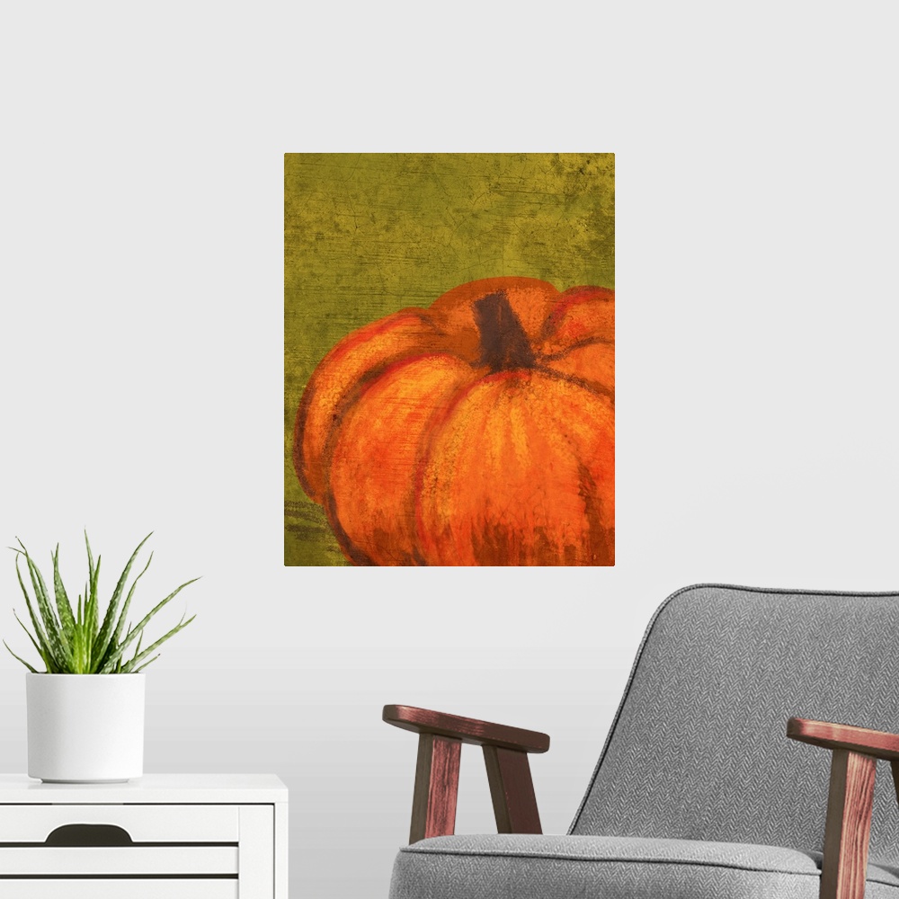 A modern room featuring A single pumpkin on a rustic green cracked background.