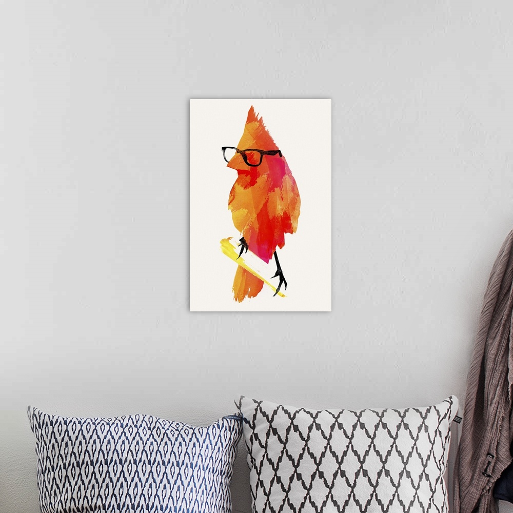 A bohemian room featuring Contemporary artwork of a cardinal wearing a pair of black rim glasses.