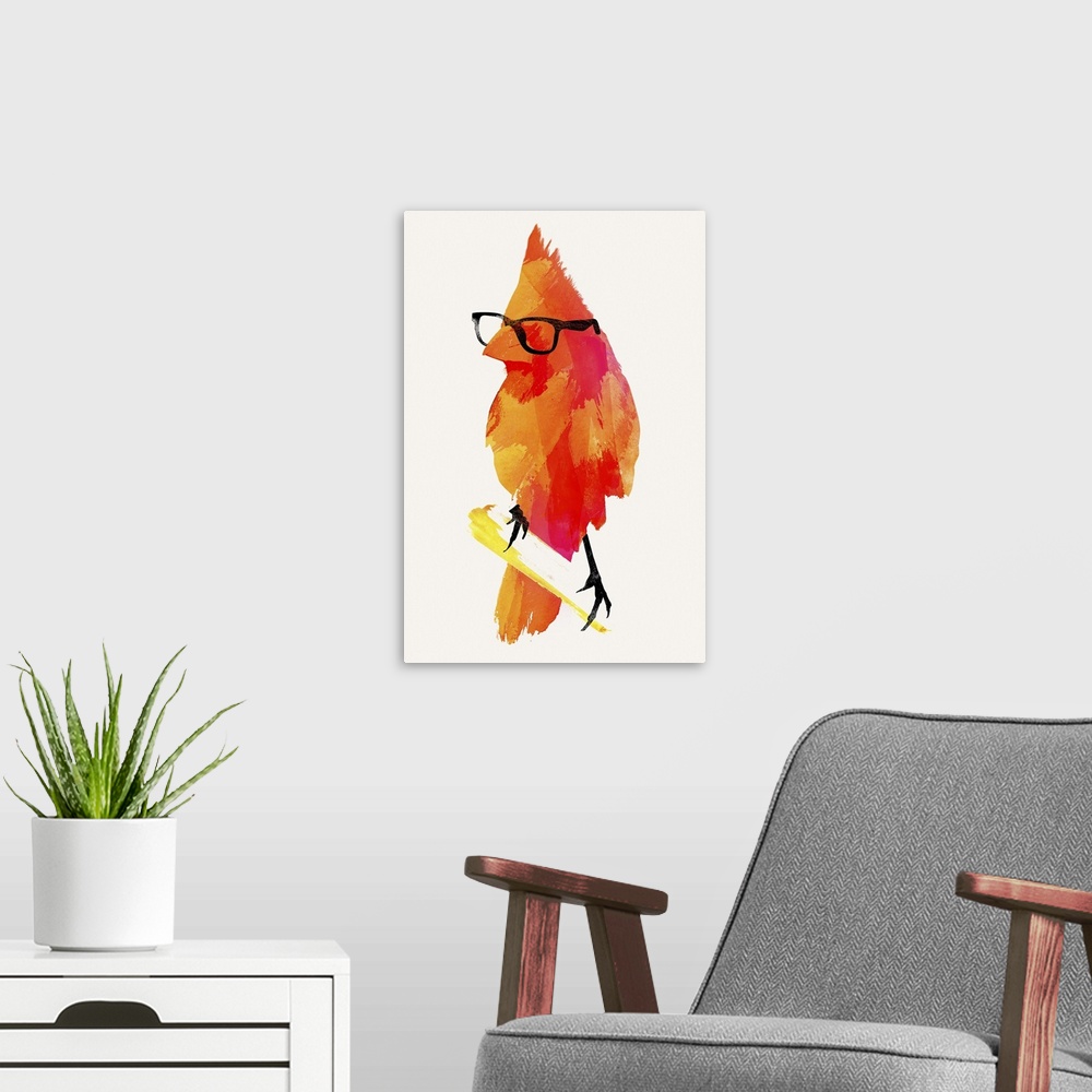 A modern room featuring Contemporary artwork of a cardinal wearing a pair of black rim glasses.