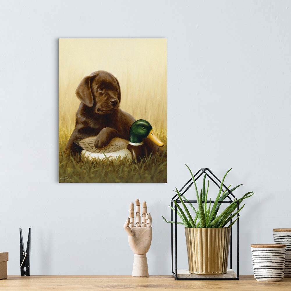 A bohemian room featuring Contemporary painting of a black Labrador retriever puppy laying in the grass a mallard decoy.