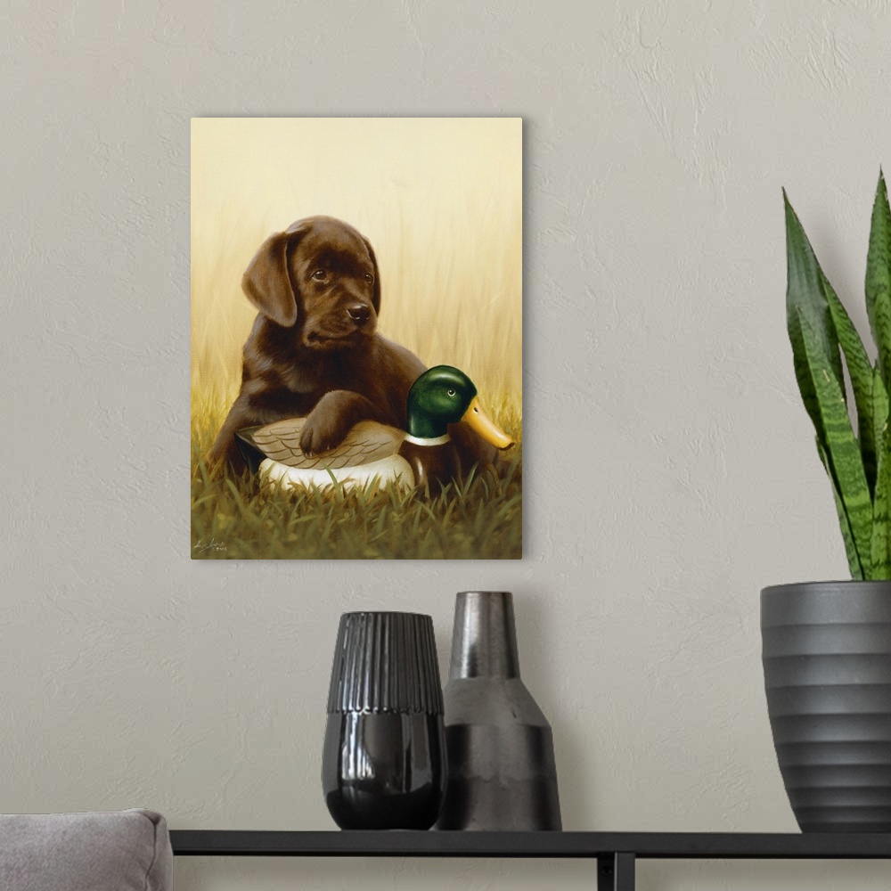 A modern room featuring Contemporary painting of a black Labrador retriever puppy laying in the grass a mallard decoy.