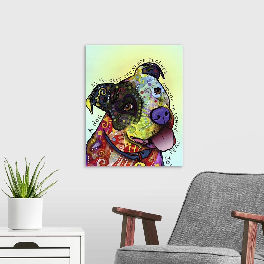 A modern room featuring Contemporary abstract painting of a dog with various patterns and colors representing his fur.