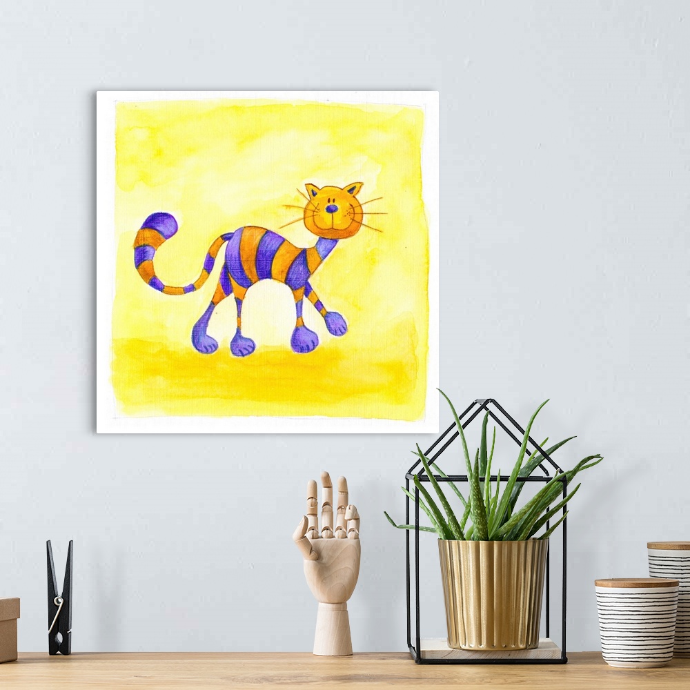 A bohemian room featuring purple and yellow cat