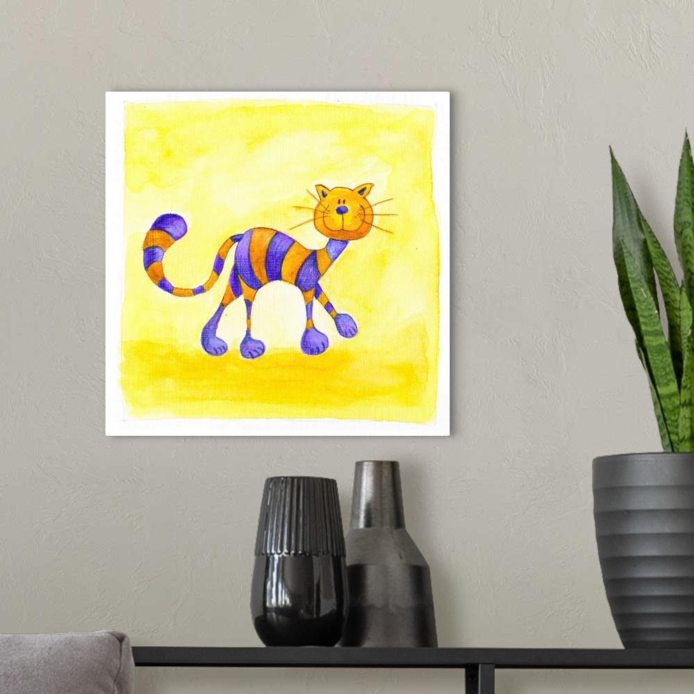 A modern room featuring purple and yellow cat