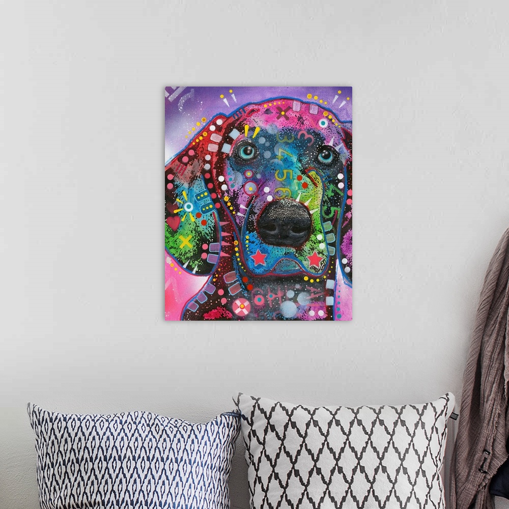 A bohemian room featuring Colorful painting of a Pointer with geometric abstract markings all over on a pink and purple bac...