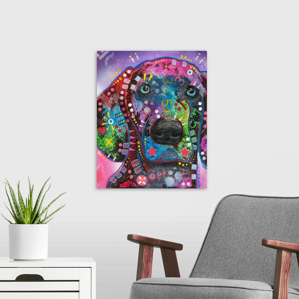 A modern room featuring Colorful painting of a Pointer with geometric abstract markings all over on a pink and purple bac...