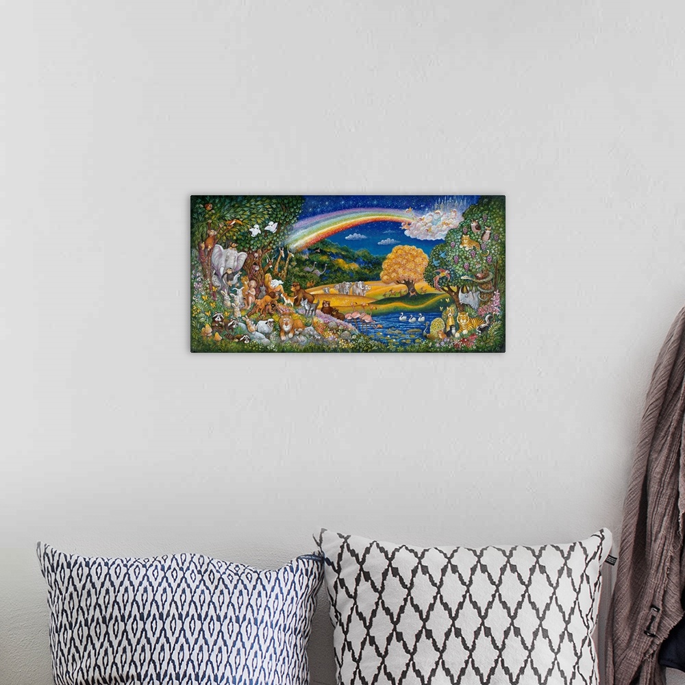 A bohemian room featuring Animals next to water with a rainbow in the sky.