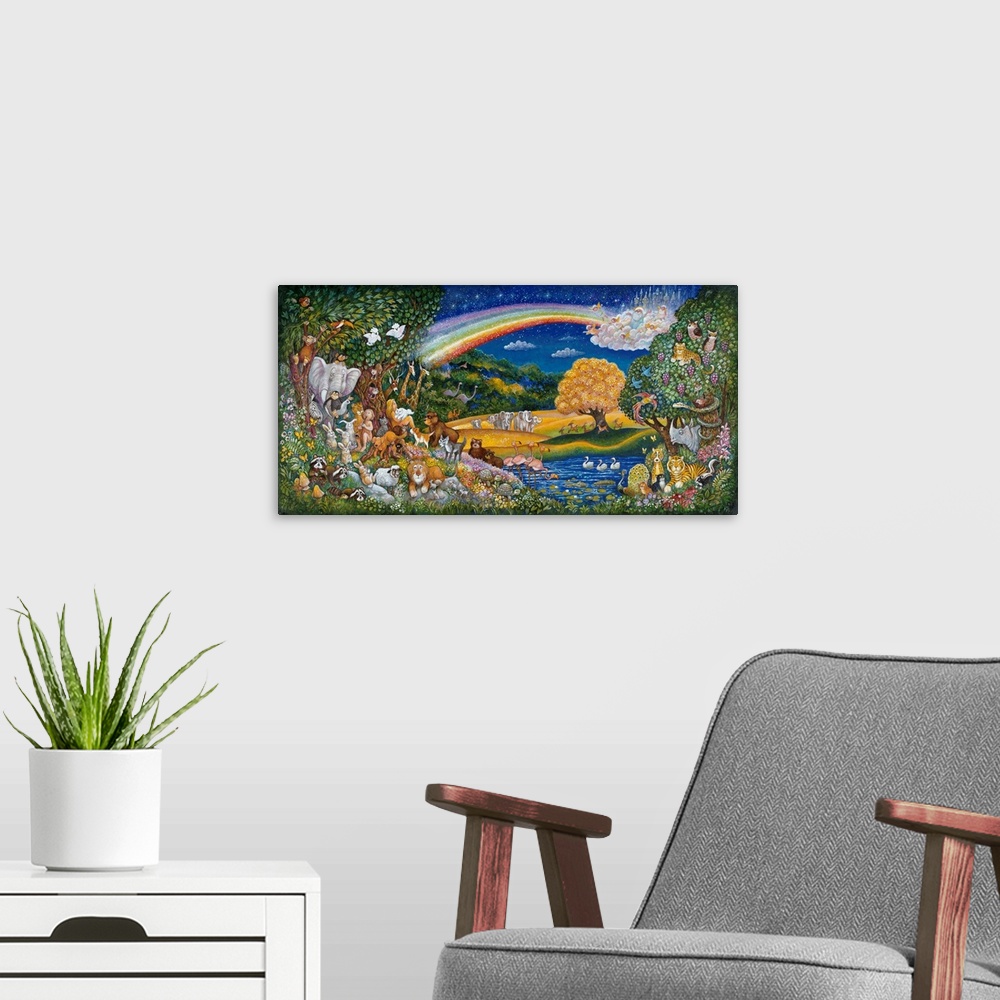 A modern room featuring Animals next to water with a rainbow in the sky.