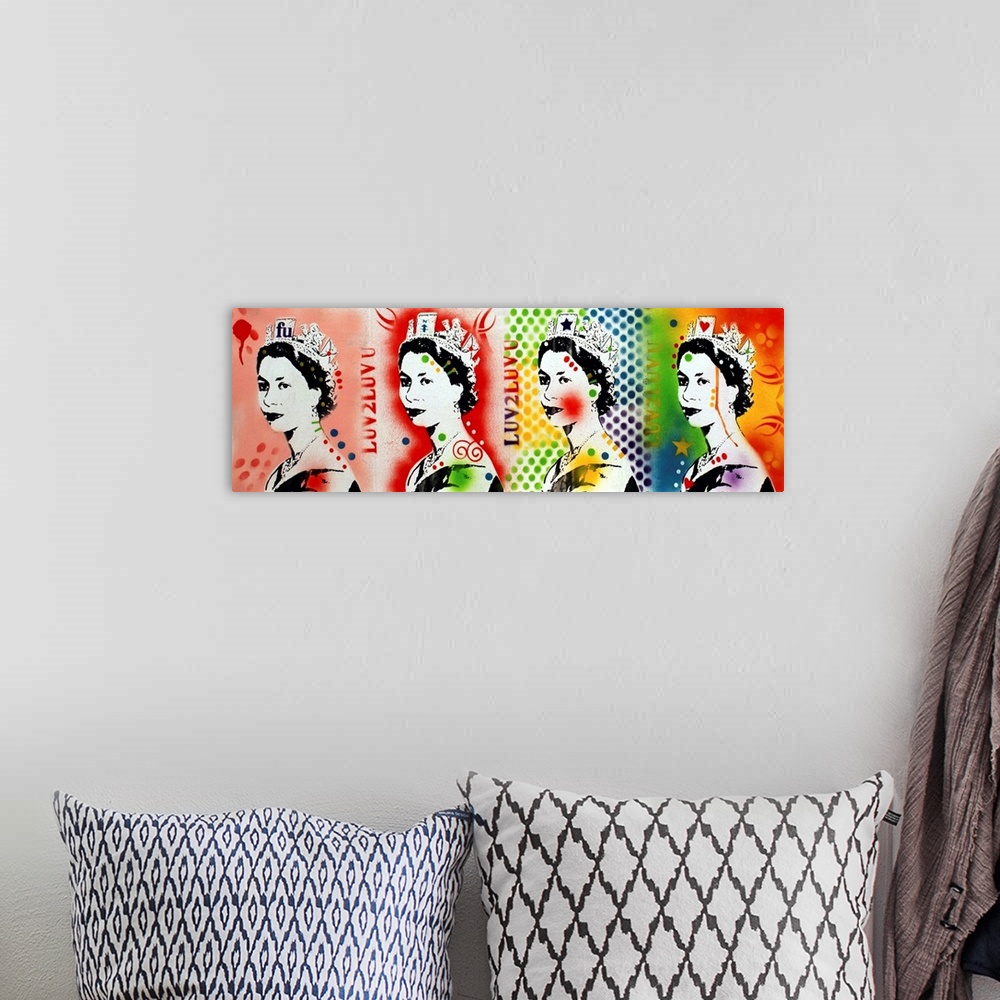 A bohemian room featuring Panoramic graffiti-like print with four images of Queen Elizabeth in a row with different spray p...