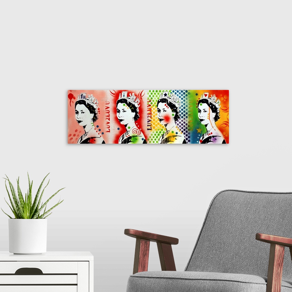 A modern room featuring Panoramic graffiti-like print with four images of Queen Elizabeth in a row with different spray p...