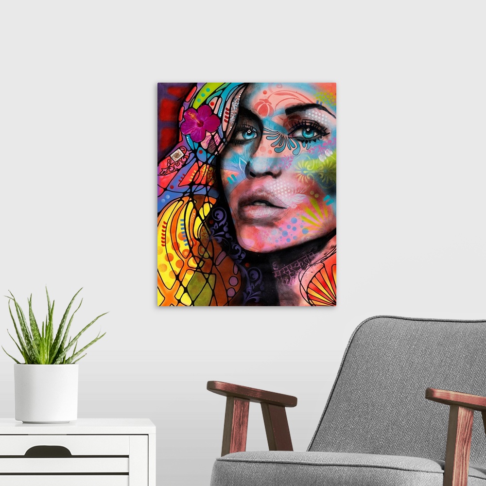 A modern room featuring Abstract illustration of a woman's face and flowing hair with colorful graffiti-style markings.