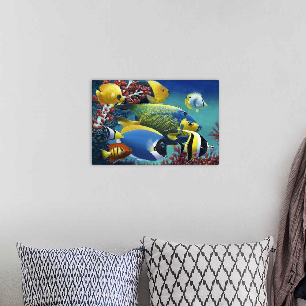 A bohemian room featuring Contemporary painting of tropical fish swimming together.
