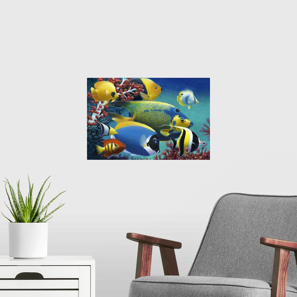 A modern room featuring Contemporary painting of tropical fish swimming together.