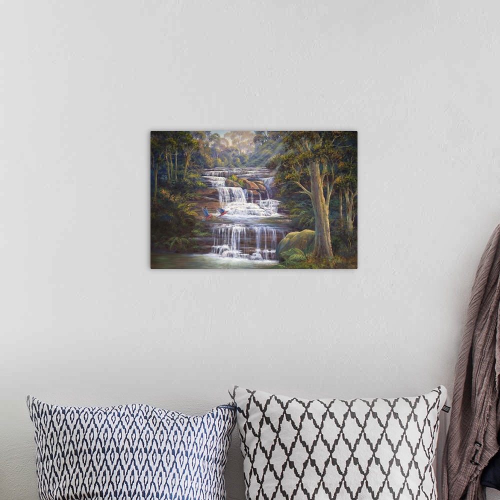 A bohemian room featuring Contemporary painting of a forest river cascading down over rocks.