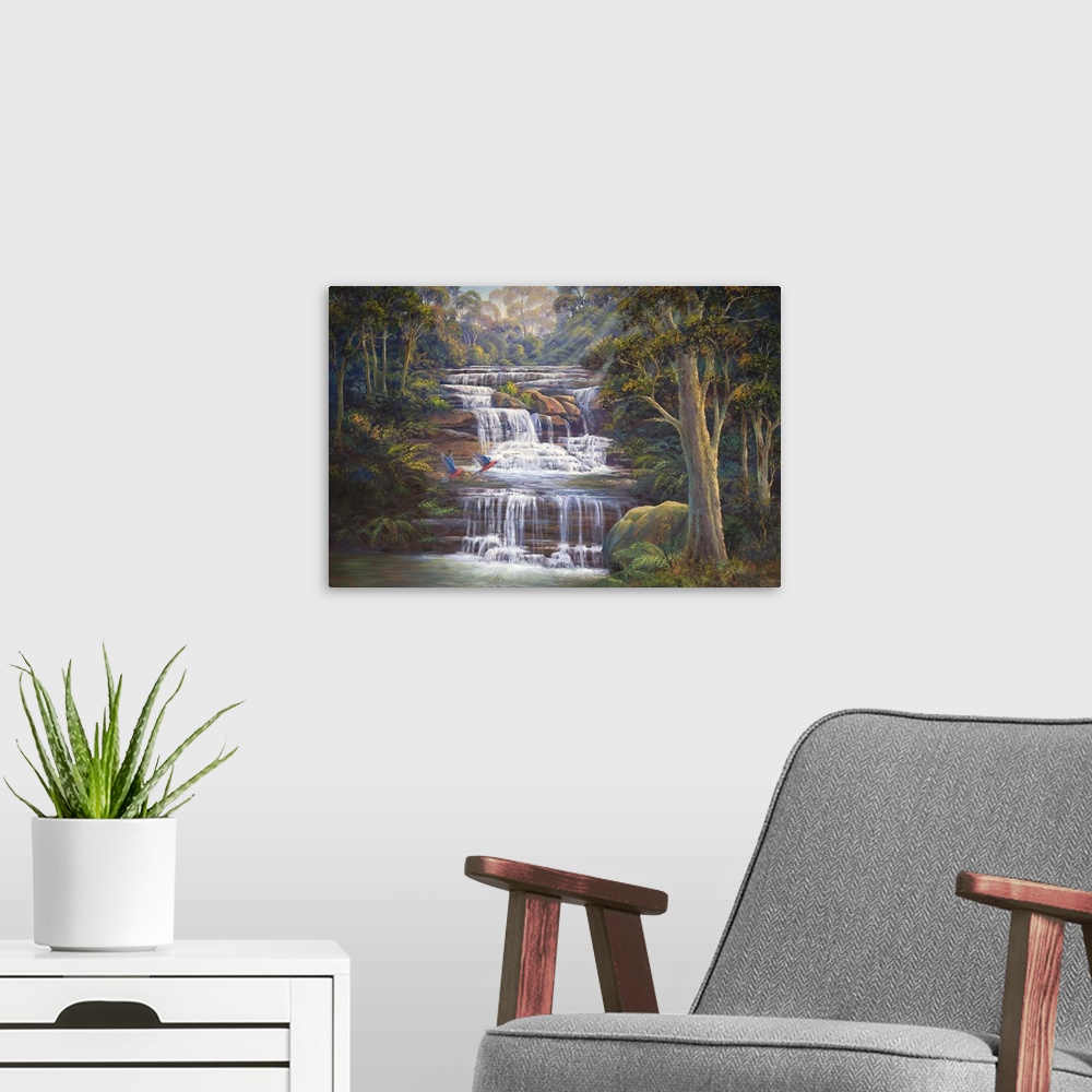 A modern room featuring Contemporary painting of a forest river cascading down over rocks.